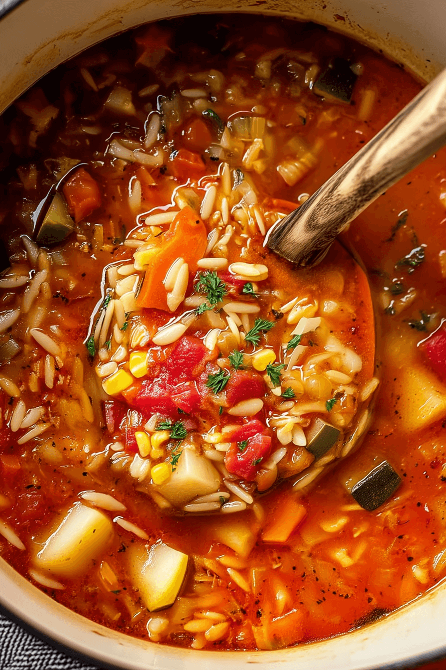 Vegetable orzo soup recipe served in a bowl with fresh parsley garnish