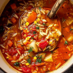 Vegetable orzo soup recipe served in a bowl with fresh parsley garnish