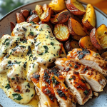 Lemon-Herb Chicken Alfredo with spicy feta and crispy Brussels-Parmesan wedges – creamy Mediterranean-style comfort dish
