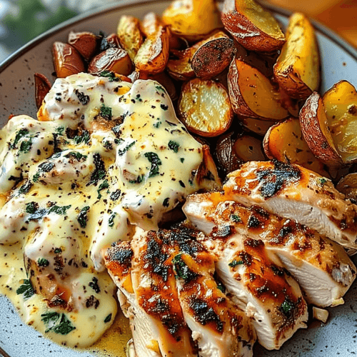 Lemon-Herb Chicken Alfredo with spicy feta and crispy Brussels-Parmesan wedges – creamy Mediterranean-style comfort dish