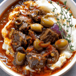Instant Pot Greek Beef Stifado – tender beef stew in tomato-garlic sauce with red wine vinegar and Mediterranean herbs