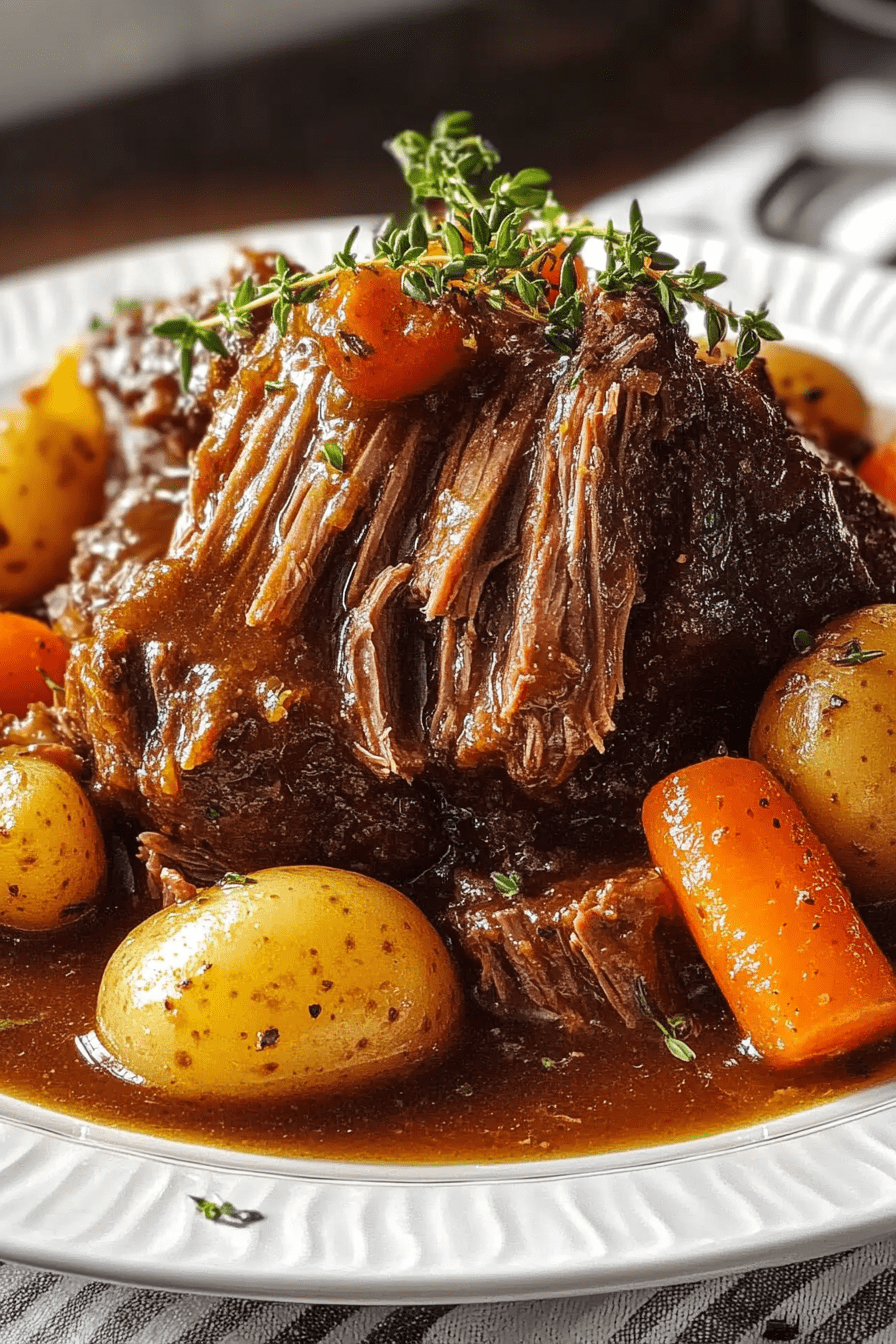 “Tender slow cooker pot roast with potatoes and carrots served with rich brown gravy.”