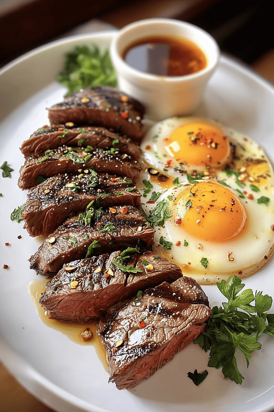 Garlic Steak Bites and Eggs served on a breakfast plate