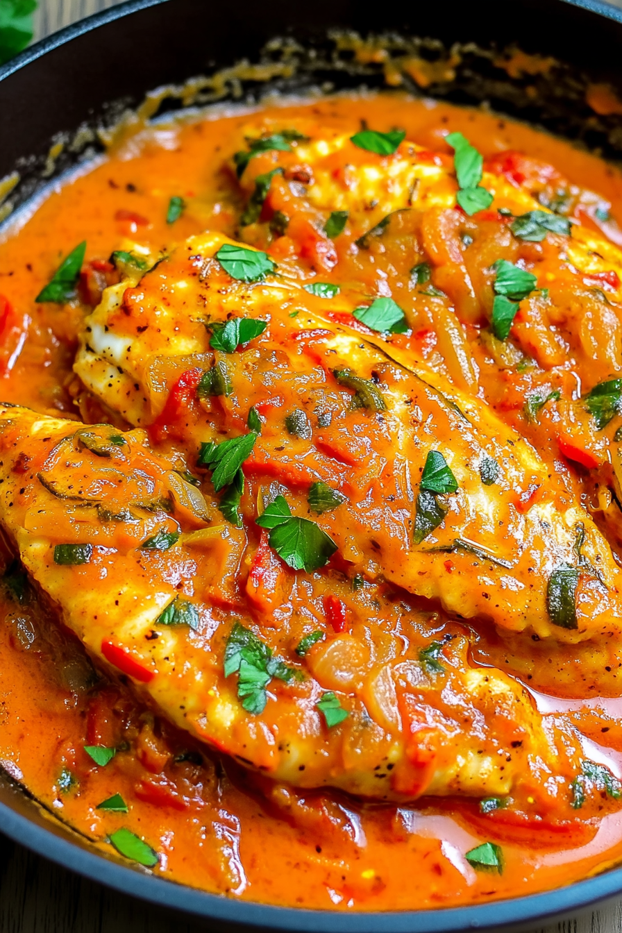 Flavorful tilapia fillets baked in roasted pepper sauce in a ceramic dish