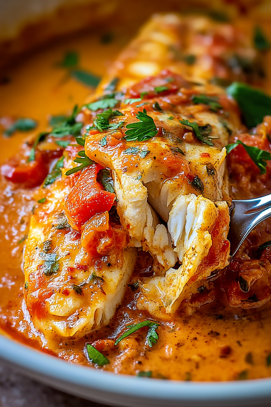 Flavorful tilapia fillets baked in roasted pepper sauce in a ceramic dish