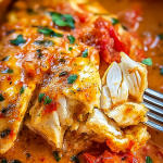 Flavorful tilapia fillets baked in roasted pepper sauce in a ceramic dish