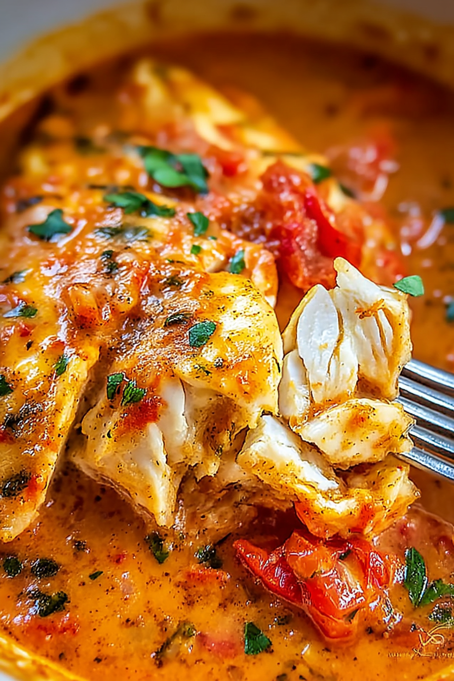 Flavorful tilapia fillets baked in roasted pepper sauce in a ceramic dish