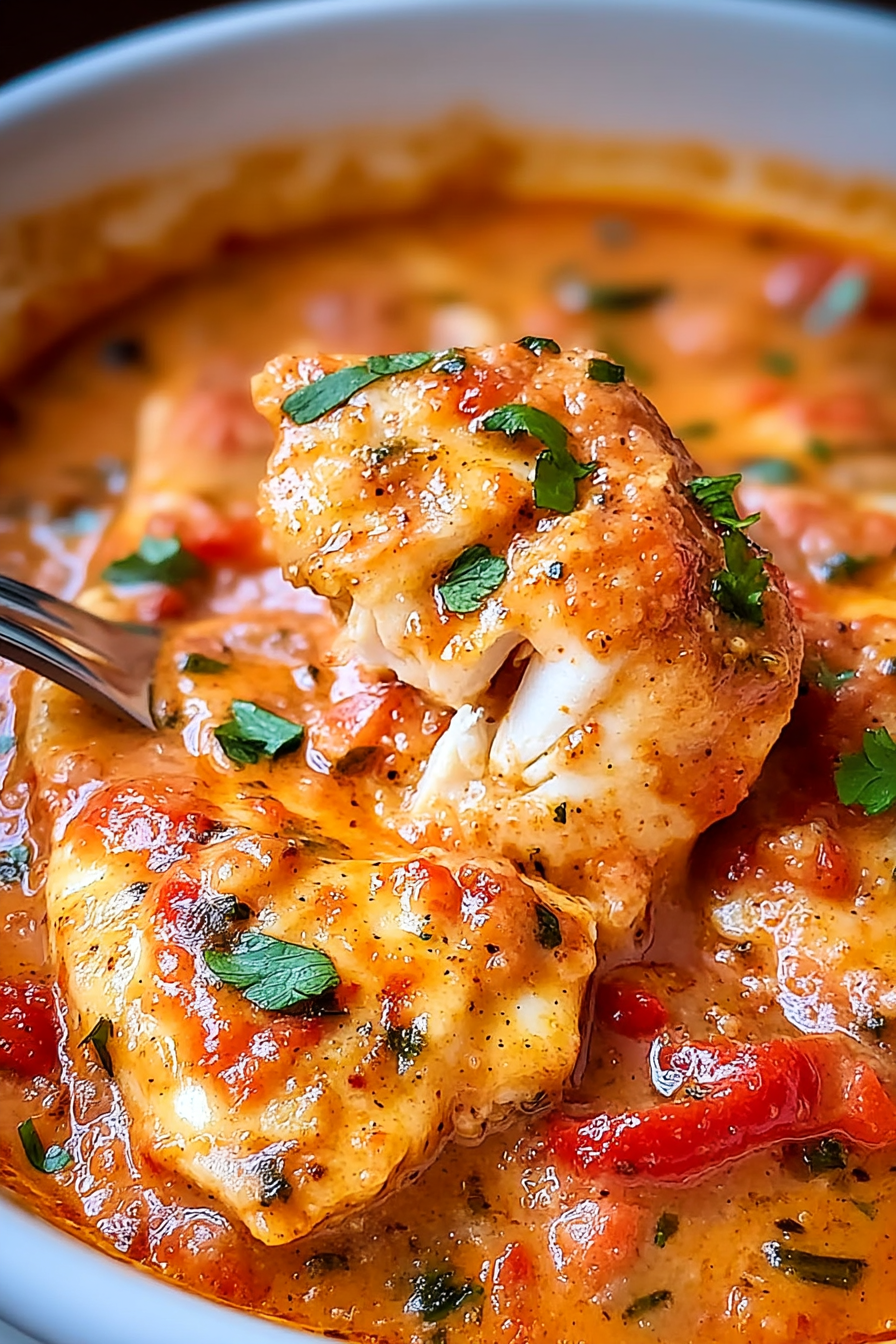 Flavorful tilapia fillets baked in roasted pepper sauce in a ceramic dish