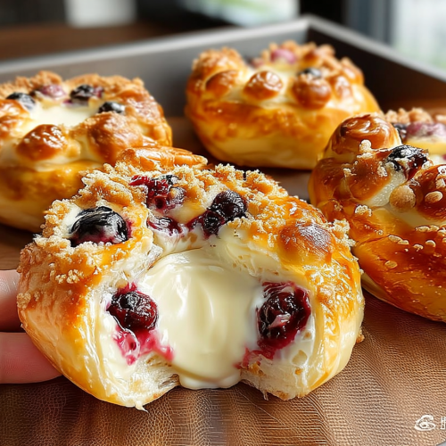 Scandinavian-style carnival buns filled with vanilla cheesecake and blueberry compote served warm