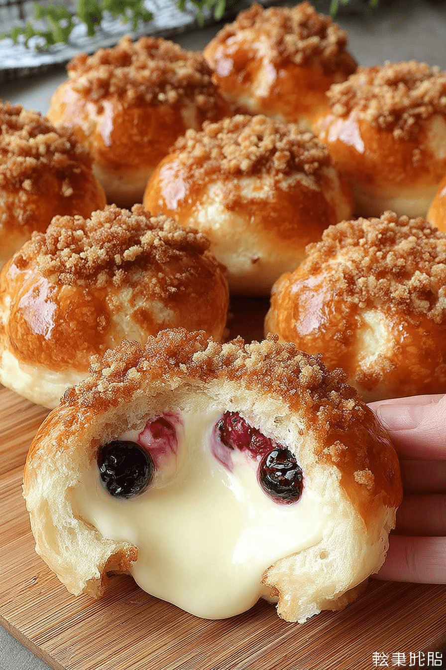 Scandinavian-style carnival buns filled with vanilla cheesecake and blueberry compote served warm