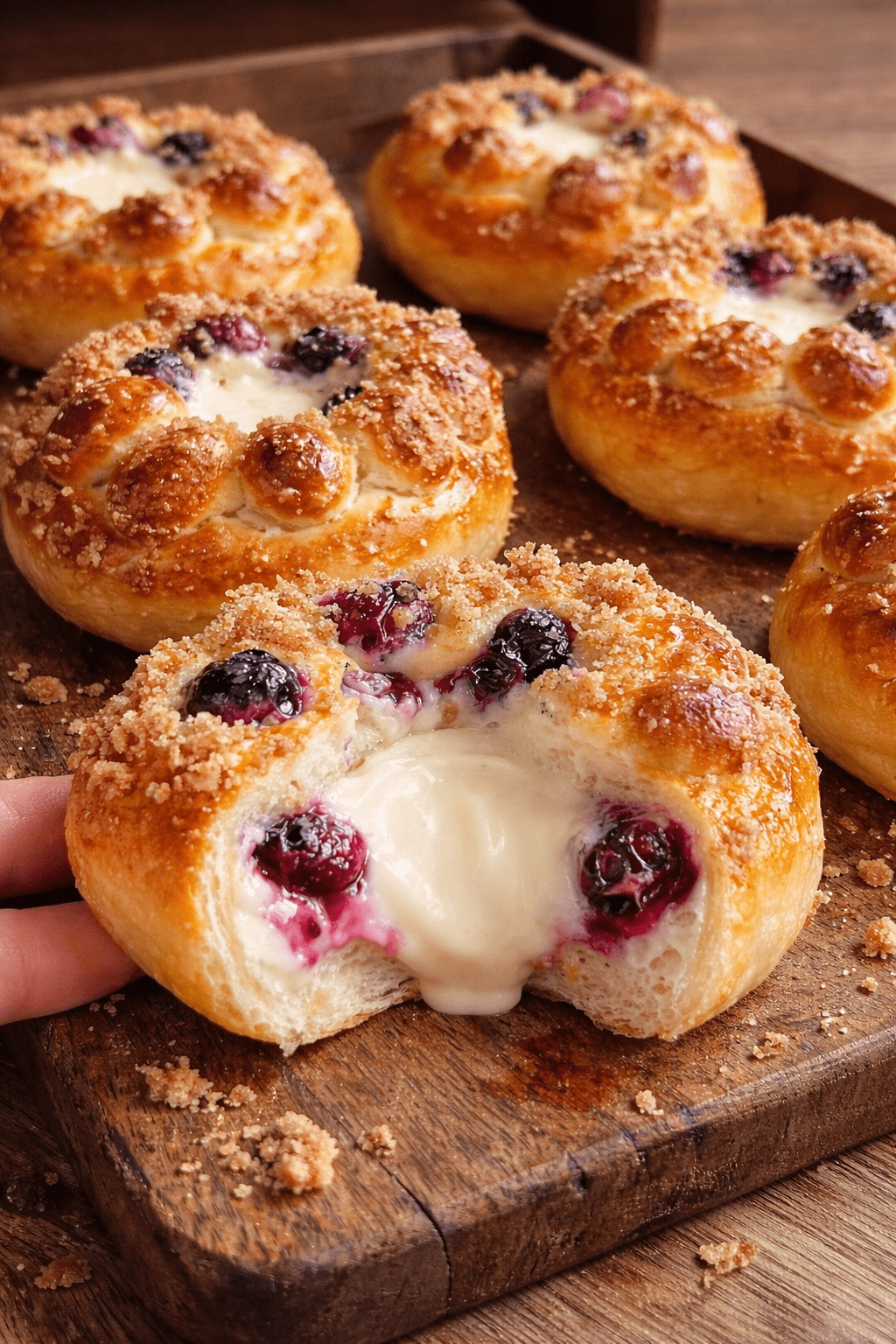 Scandinavian-style carnival buns filled with vanilla cheesecake and blueberry compote served warm
