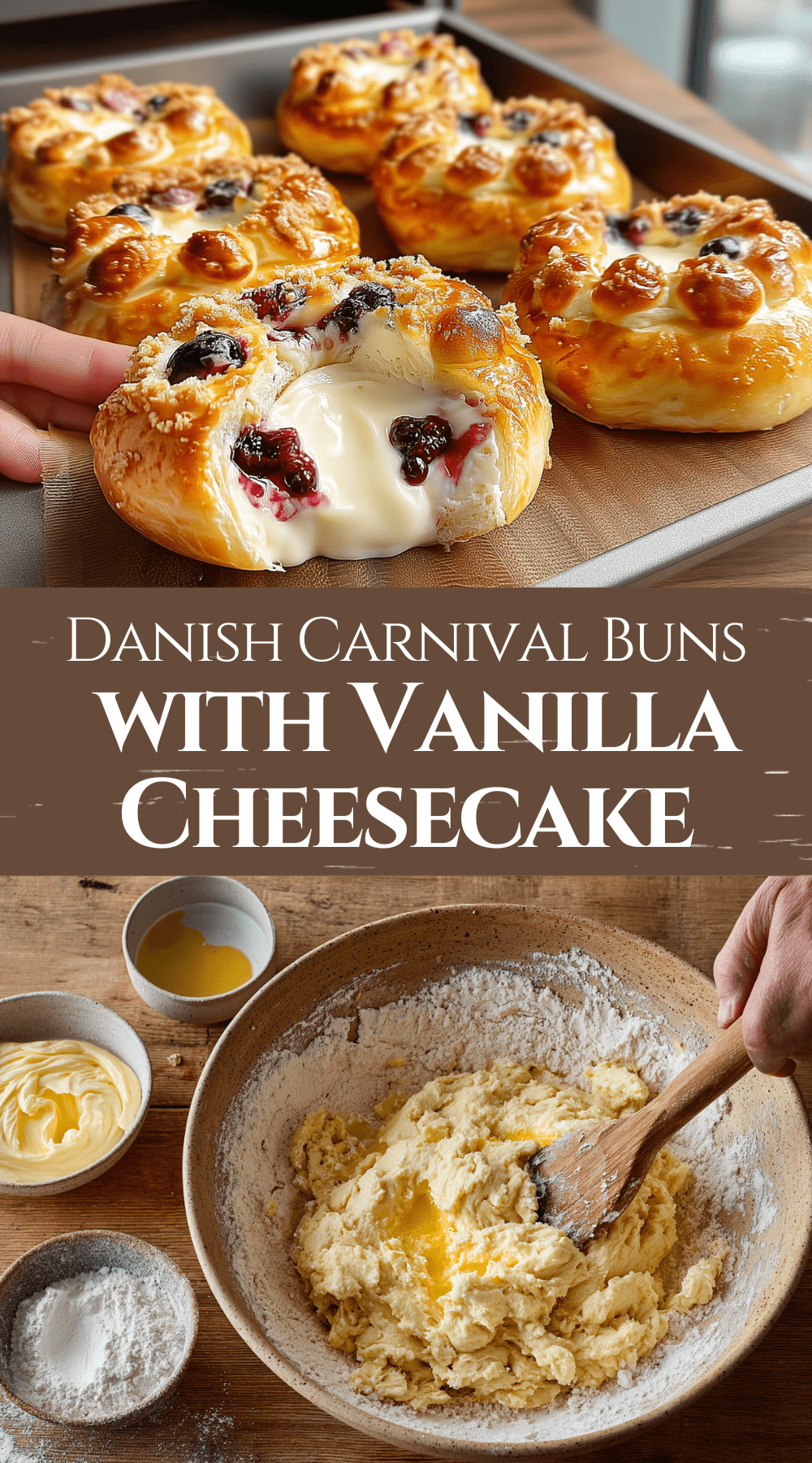 Scandinavian-style carnival buns filled with vanilla cheesecake and blueberry compote served warm